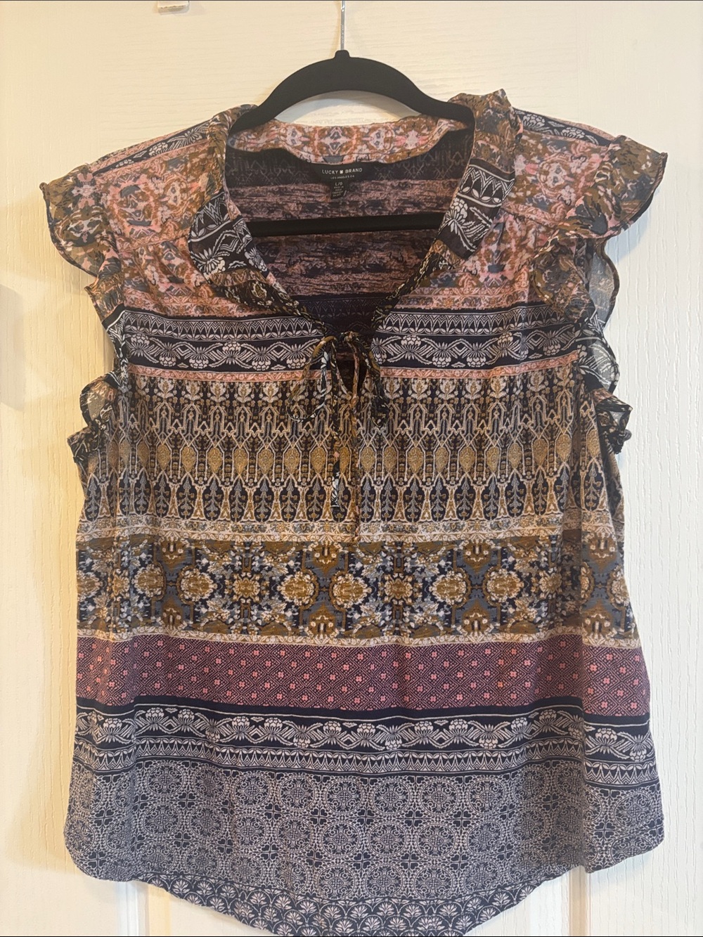 Lucky Brand Multicolor Boho Printed Ruffle Tie-Neck Tank